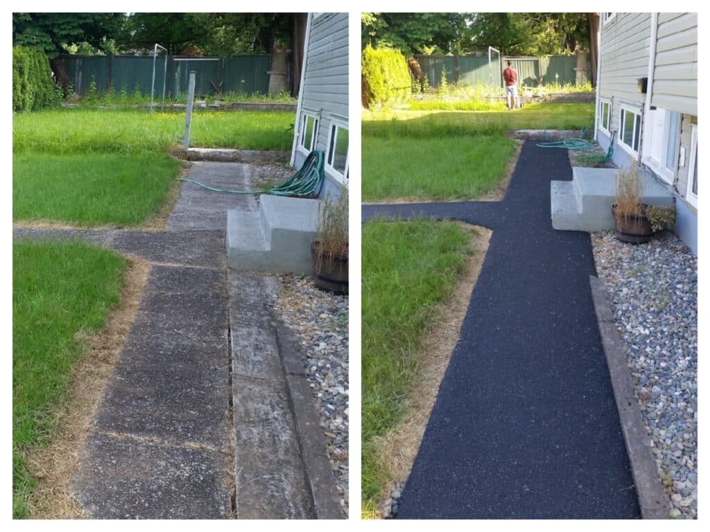 Before and after side walkway, black recycled rubber paving, Surrey, BC